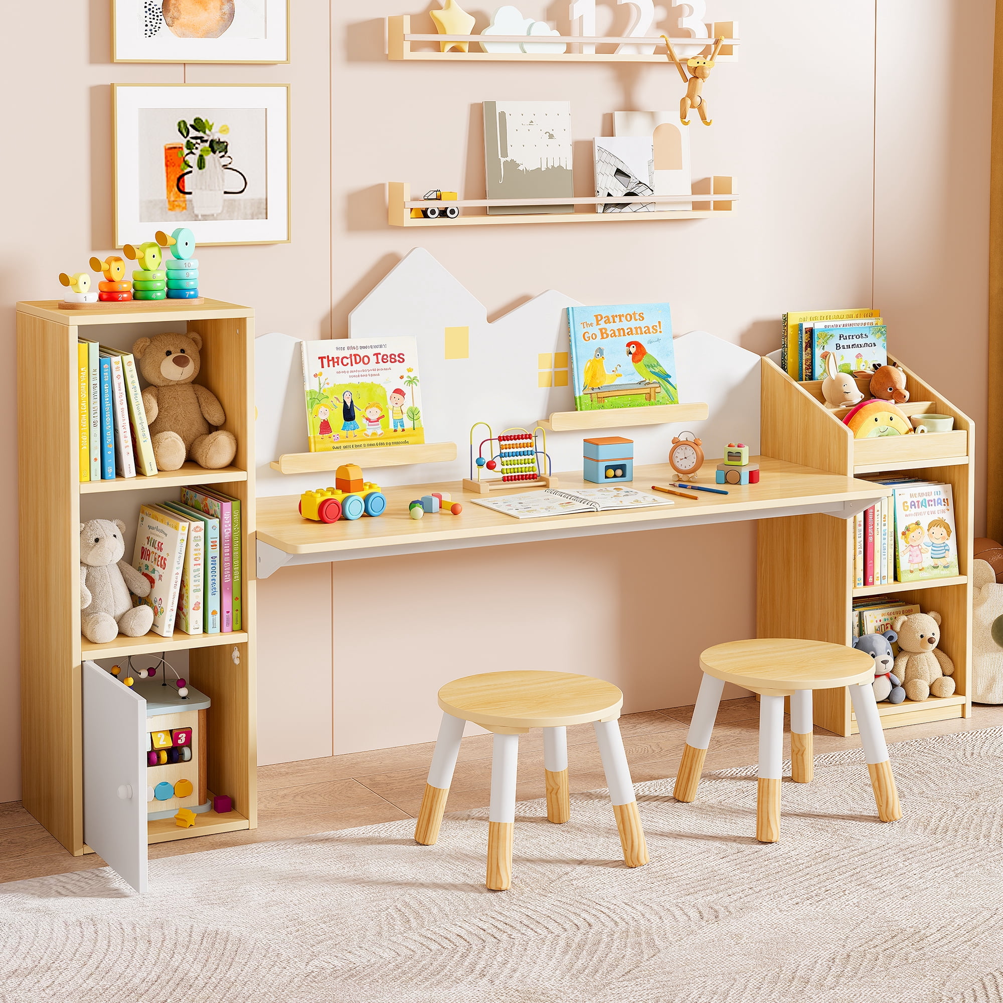 Reasea Kids Desk with Bookshelves & 2 Stools, Wooden Study Table Set with 5 Storage Cabinets, Children Writing & Drawing Table