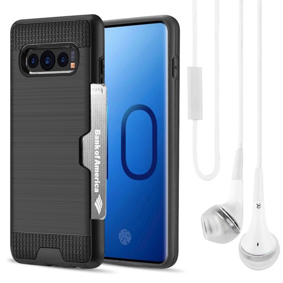 Luxury Dual Layer Hybrid Wallet Case for Galaxy S10 (Black) w/ Credit Card ID Slot Holder & Deluxe Stereo Hands-Free Headset - Ultra Lightweight w/ Button Covers, Shock Absorption, Raised Lip Guard