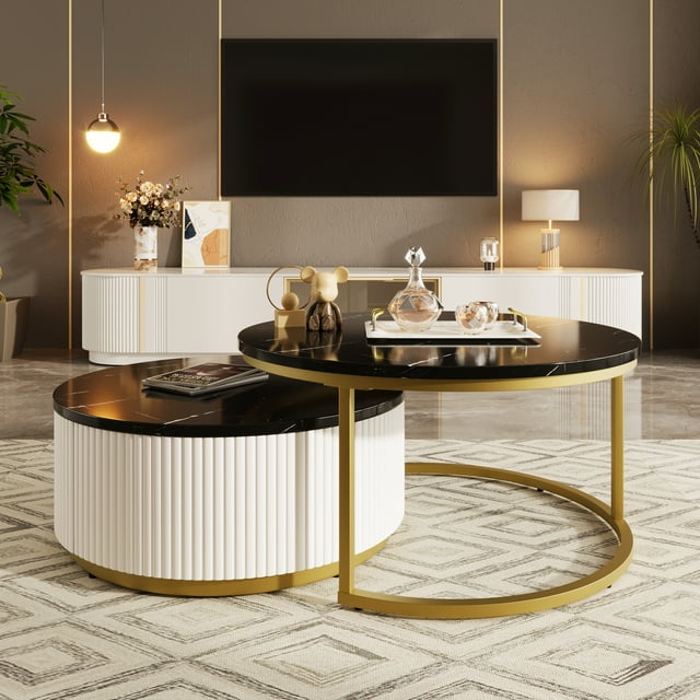 Noble House 27.6" Round Nesting Coffee Table Fluted with Drawer,Black & Gold