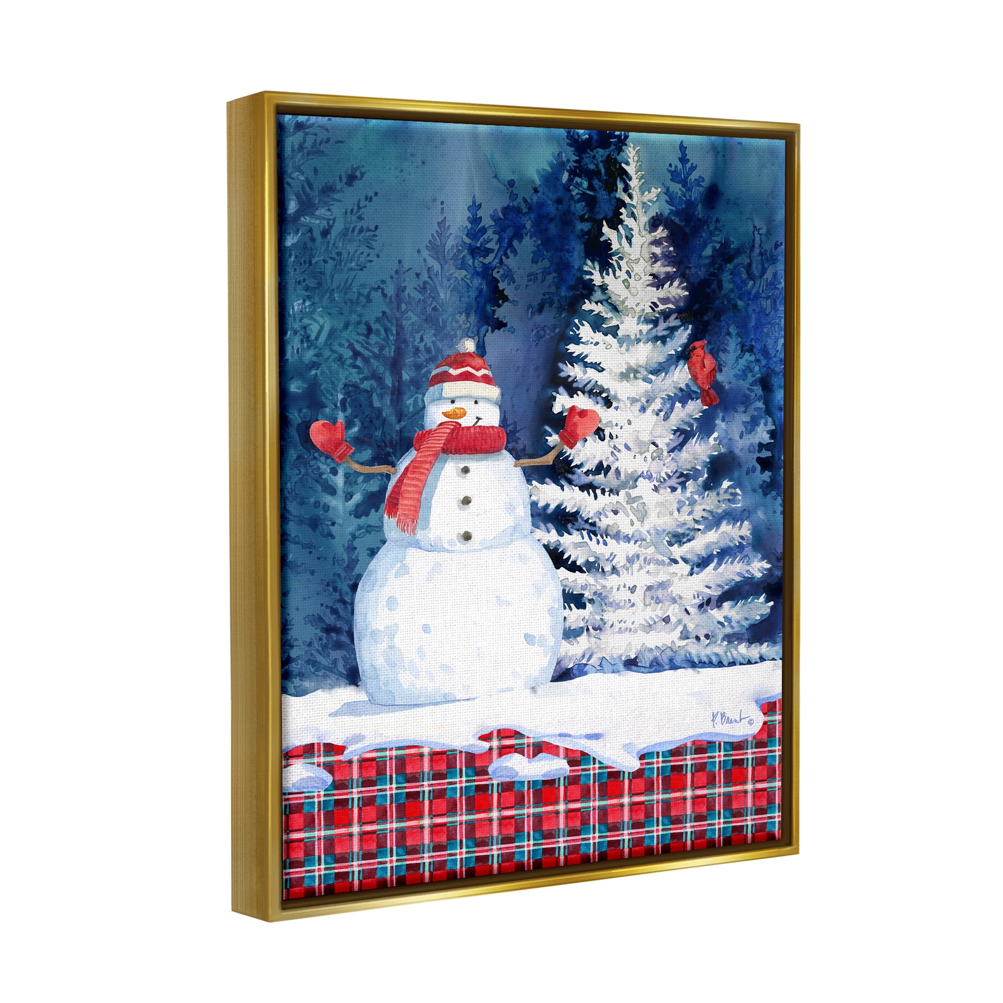 Stupell Industries Winter Snowman on Plaid Holiday Painting Gold Floater Framed Art Print Wall Art, 25 x 31