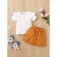 thumbnail image 2 of hirigin Baby Girls 2PCS Skirt Set, Short Sleeve Ruffle O-Neck Tops Shirt, Waist Strappy Buttons Short Skirt, Toddler Plain Summer Outfit, 2 of 9