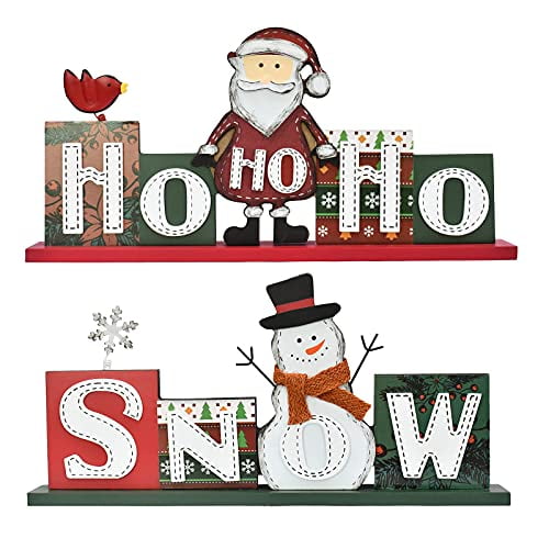 Attraction Design Christmas Wood Sign Decor Set of 2, Snow Sign and HOHOHO Christmas Decoration Santa and Snowman Sign Wooden Words Decor Rustic Decor