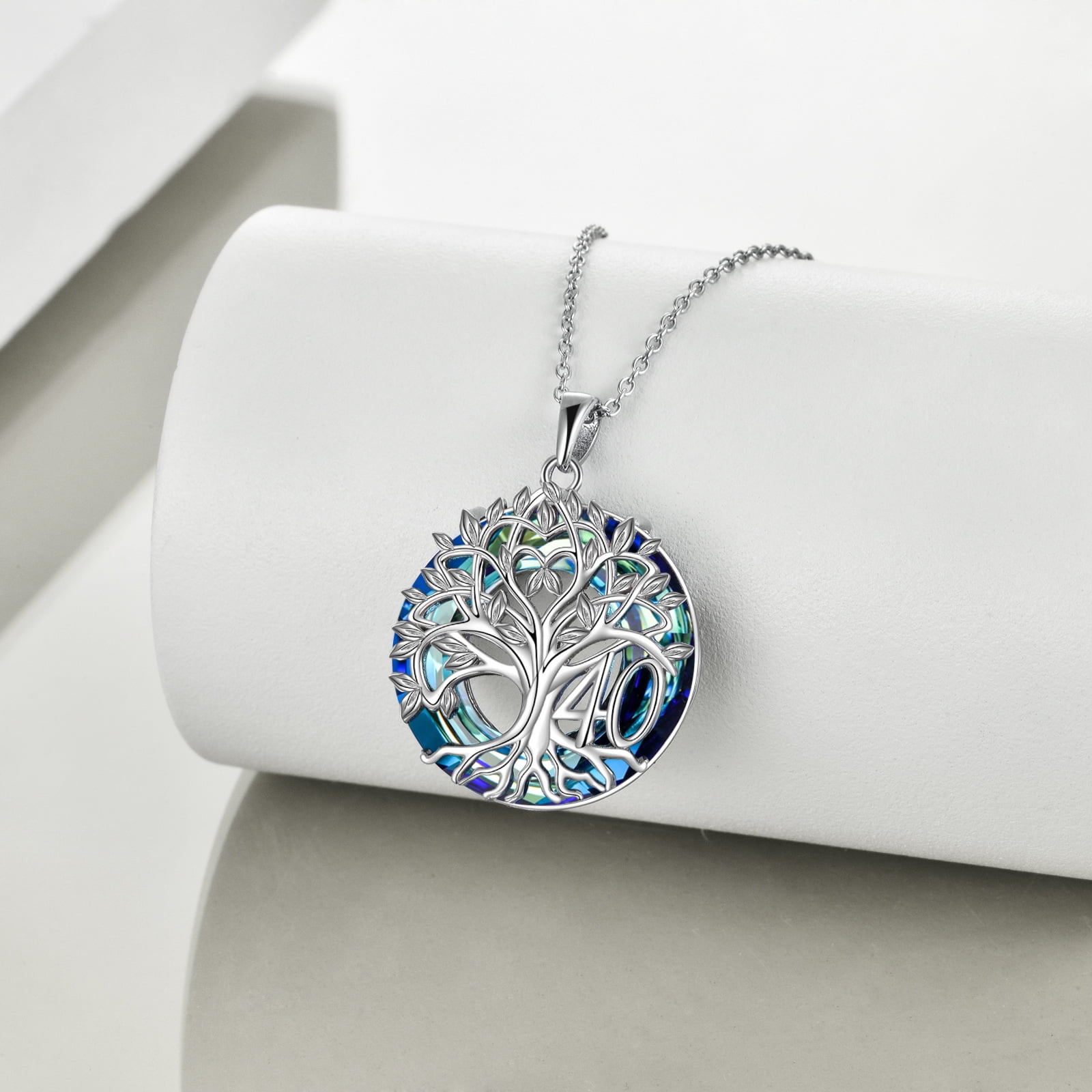 40th Birthday Gifts Necklace for Women Sterling Silver Tree of Life Necklace with Blue Artificial Crystal Mothers Day Christmas Jewelry Gifts for Mother Wife