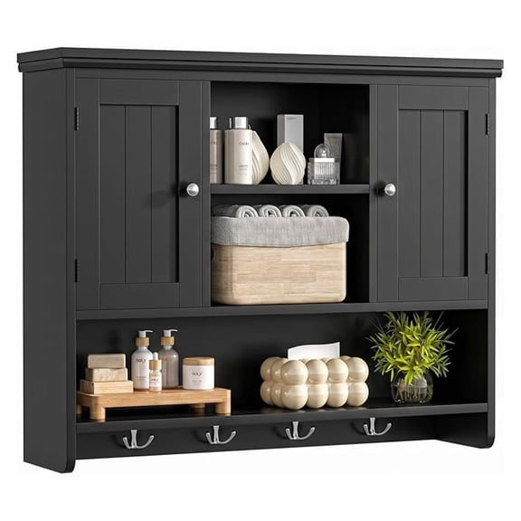 BoldGear 31.5" W Large Bathroom Wall Storage Cabinet with 2 Doors and 4 Hooks, Modern Medicine Cabinet with 3 Open Shelves, Wooden Over the Toilet Storage Cabinet for Kitchen, Living Room, Black