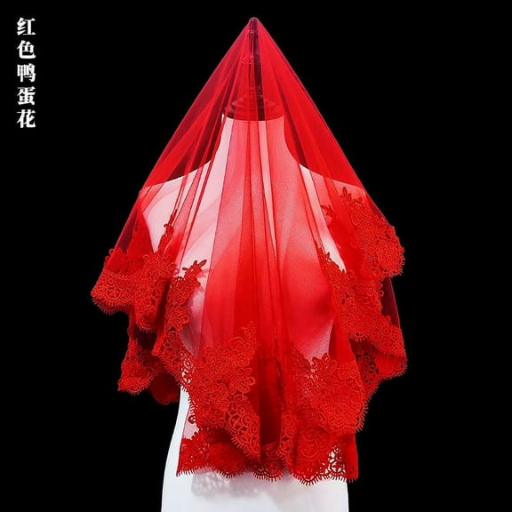 Nvzi -b Bride’s Wedding Veil with Phoenix Crown and Red Semi-Transparent Traditional Chinese Xiuhe Dress，Red G