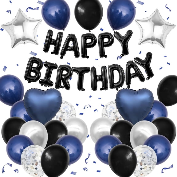 Navy Blue Black Silver Birthday Decor Kit, Happy Birthday Banner Confetti Latex Foil Balloons