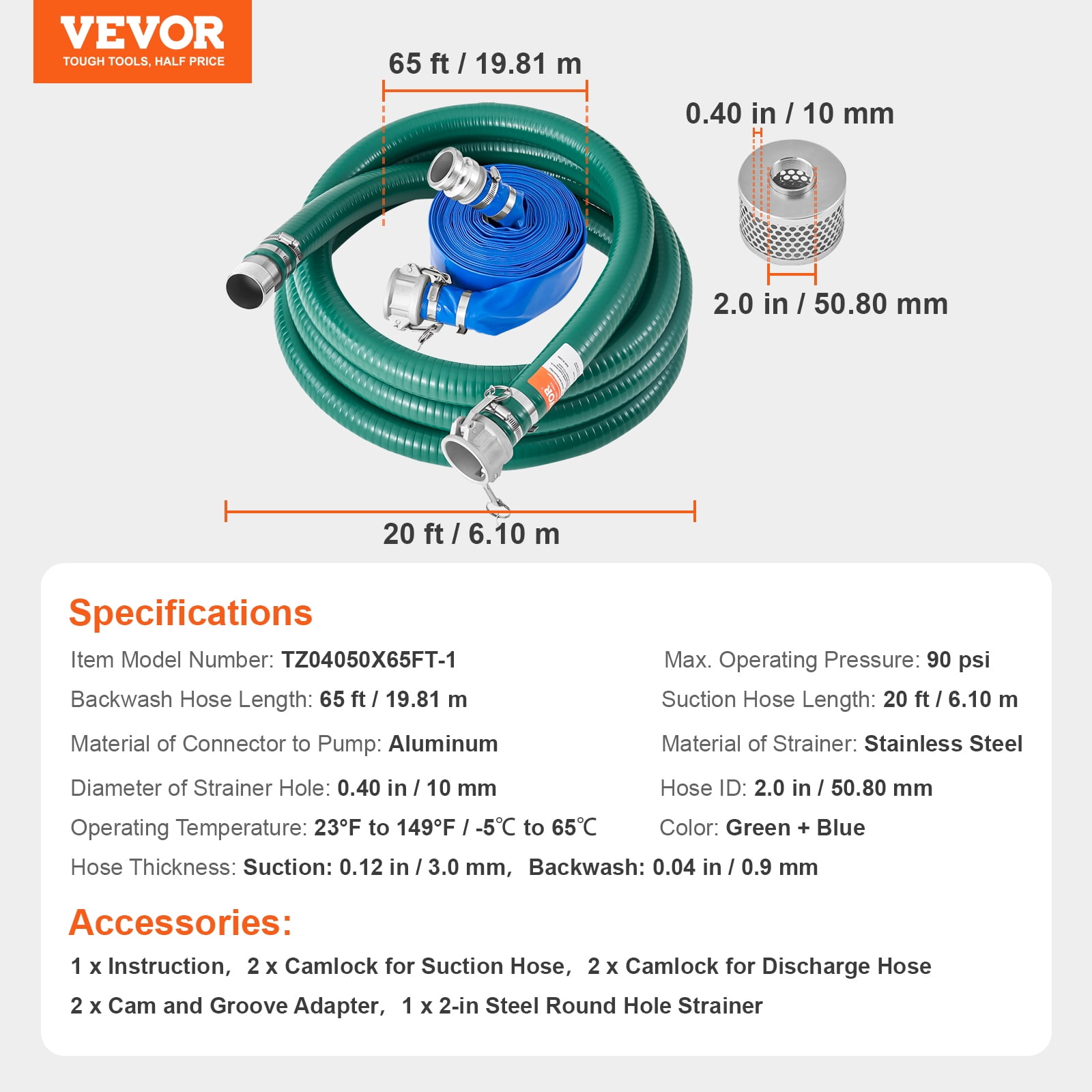 VEVOR Suction Hose Kit for Water Pump, with 2 in x 65 ft Blue Backwash Hose, 20 ft Green Suction Hose, and Steel Round Hole Strainer, Camlocks, Clamps, Cam & Groove Adapter, for Multiple Purposes