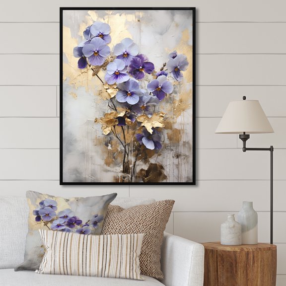Designart "Meadow of Violets in Purple and Gold V" Violets Floater Framed Canvas Prints