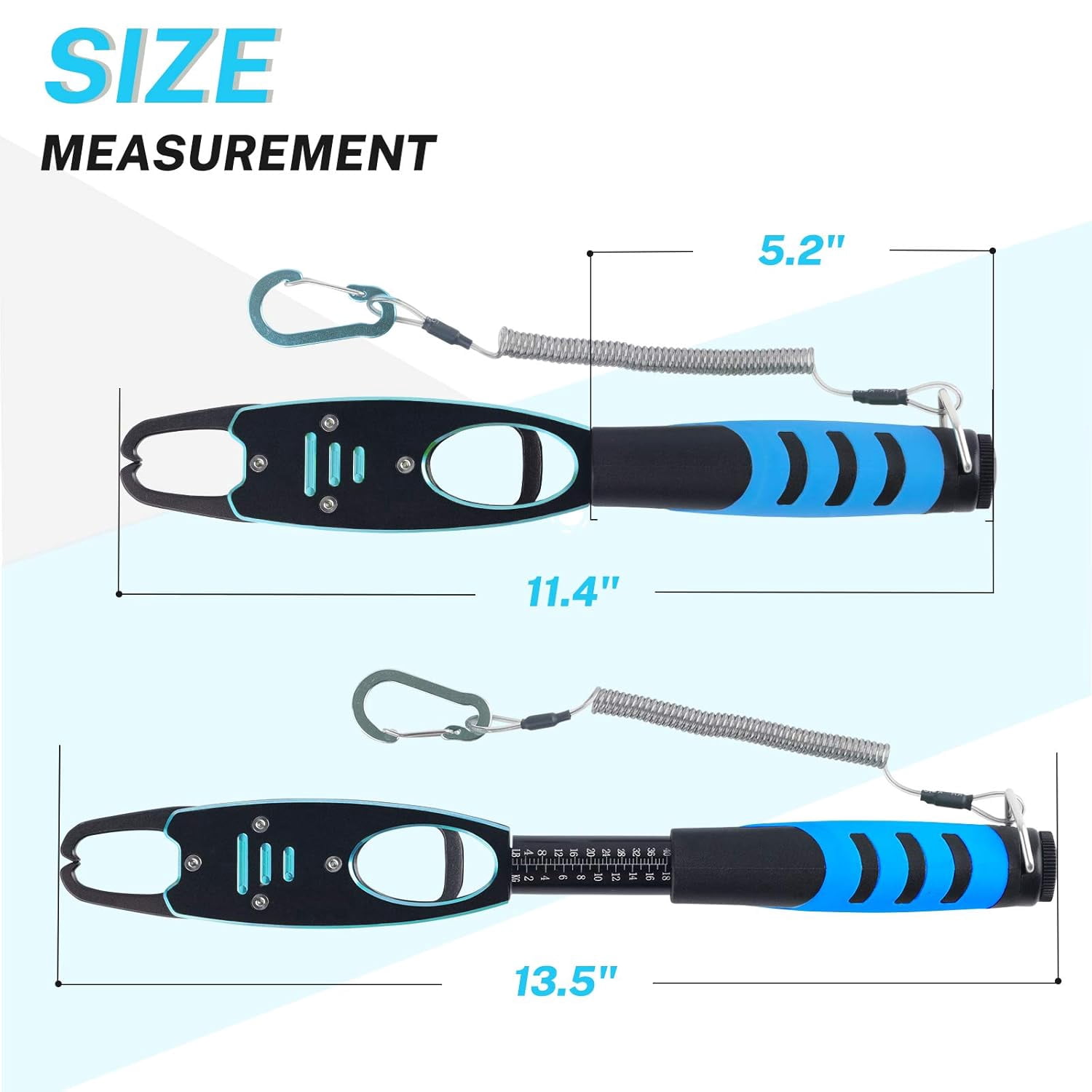 ABCISI Fish Lip Gripper With Scale, 2 in 1 Aluminum Alloy Grabber with High Elastic Hand Rope, Ergonomically Design Professional Fishing Tool Kit for Men, Blue