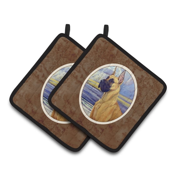Carolines Treasures 7101PTHD Fawn Great Dane at the beach Pair of Pot Holders 7.5HX7.5W multicolor
