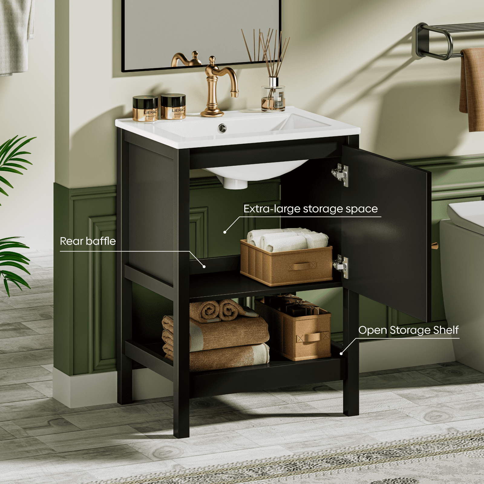 EVOKEDEN 24" Bathroom Vanity with Sink, Small Farmhouse Freestanding Bathroom Cabinet Combo Set, Soft Closing Door and Open Storage Shelf, Black