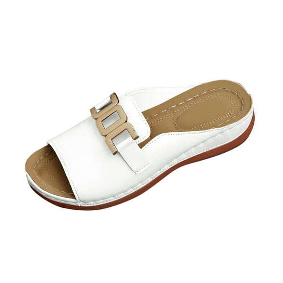 LOVZFMLL Slide Sandals for Women with Arch Support Summer Casual Metal Buckle Beach Slippers Open Toe Comfort Walking Slides Outdoor Slip On White 7.5