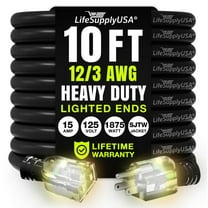 10ft Outdoor/Indoor Extension Cord 12/3 Gauge Extra Heavy Duty 3 Prong SJTW, Waterproof, Flexible Cold-Resistant Long Power Cord,125 Amp 1875W, Black by LifeSupplyUSA