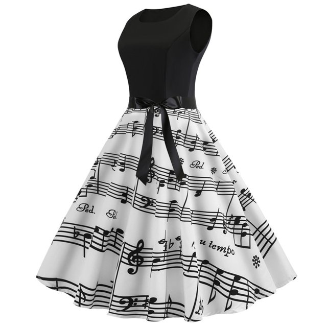HKEJIAOI Robes de Cocktail Offres Liquidation Cadeau de la Saint-Valentin Robe d'Été Sans Manches Col Rond Imprimé Vintage Soirée Swing Noire