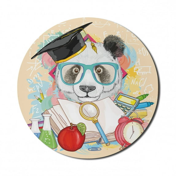 Animal Mouse Pad for Computers, Panda Goes to School Humor Education Hipster with Glasses Books Pen Graphic Art, Round Non-Slip Thick Rubber Modern Gaming Mousepad, 8" Round, Multicolor, by Ambesonne