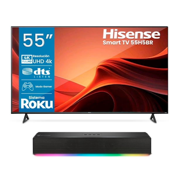 Combo Pantalla Hisense 55" H5 Series 4K UHD Smart TV Roku (55H5BR) + Barra de Sonido