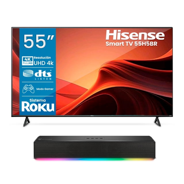 Combo Pantalla Hisense 55" H5 Series 4K UHD Smart TV Roku (55H5BR) + Barra de Sonido