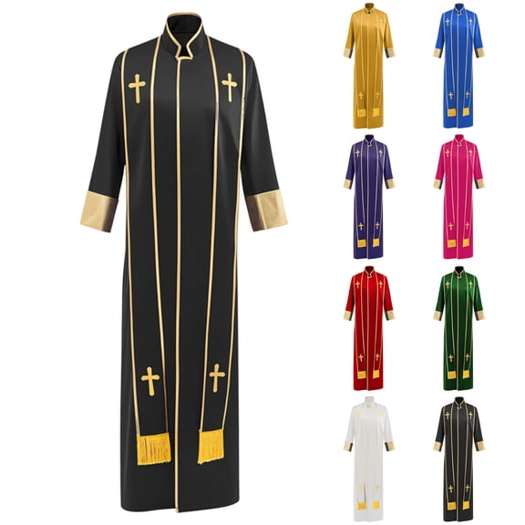 DayScoop Men's Halloween Black Pastor Robe with Gold Trim Cross Pattern Religious Priest Cosplay Outfit for Theme Costume Party