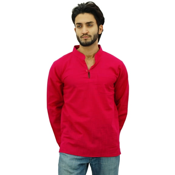 Atasi Men's Band Collar Short Kurta Fuchsia Cotton Casual Shirt-Small