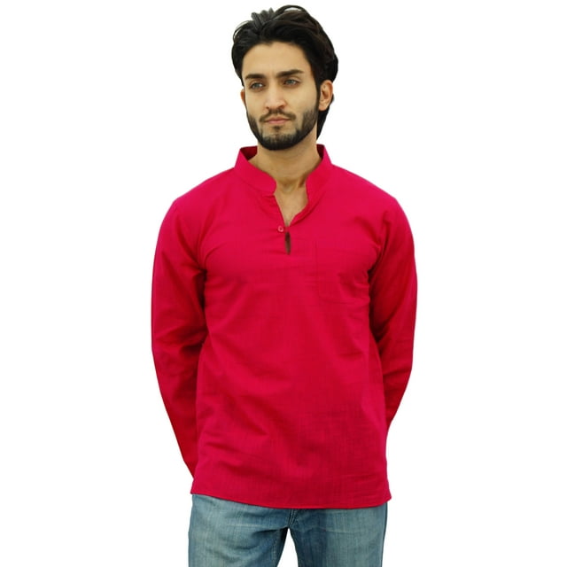 Atasi Kurta Court à Col Officier pour Homme en Coton Fuchsia Chemise Décontractée-Petit