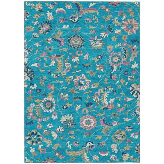 HomeRoots 597849 5 x 8 ft. Teal Blue, Ivory & Pink Floral Washable Indoor & Outdoor Rectangle Area Rug
