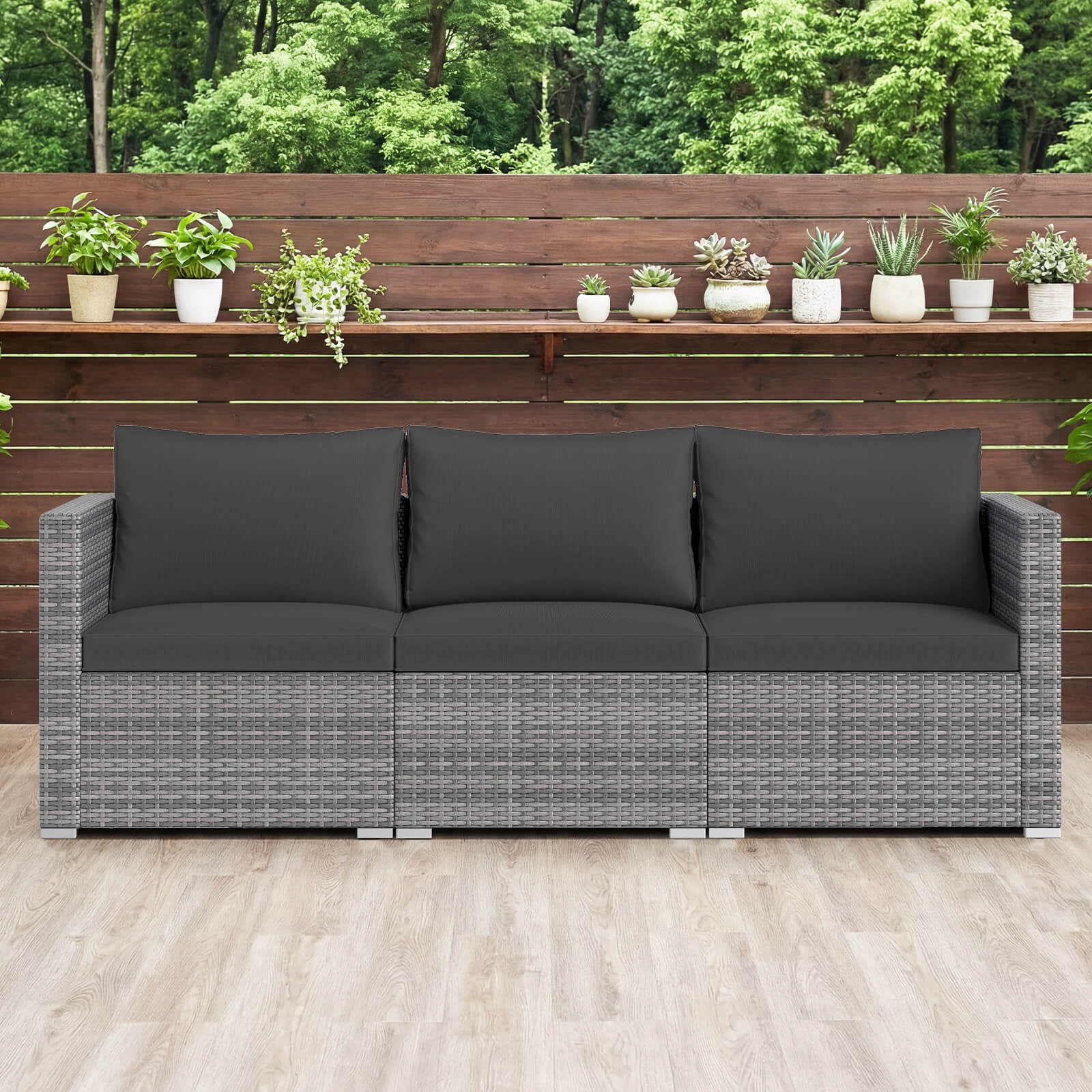Costway 3PCS Patio Sectional Sofa Set, PE Rattan Modular Couch Furniture Set with Cushions Black + Mix Gray