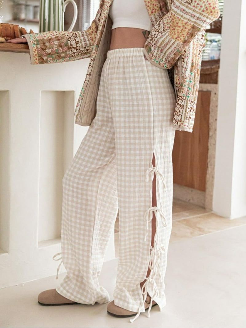 【BAON】Gyudi Summer Check Banding Wide Pants Women Gingham Pants Bow Tie Side Split Wide Leg Pants Y2k