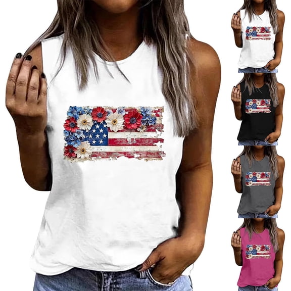 Hilenly Women's American Flag Tank Tops 4th of July Sleeveless USA Flag Shirts Casual Patriotic T Shirts