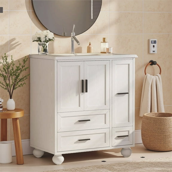 LIKIMIO 30" Bathroom Vanity with Ceramic Sink Combo, White Bathroom Storage Cabinet with Hair Tool Pull-out Drawer, 4 Solid Legs, 4 Drawers, Freestanding Wooden Modern Bathroom Cabinet