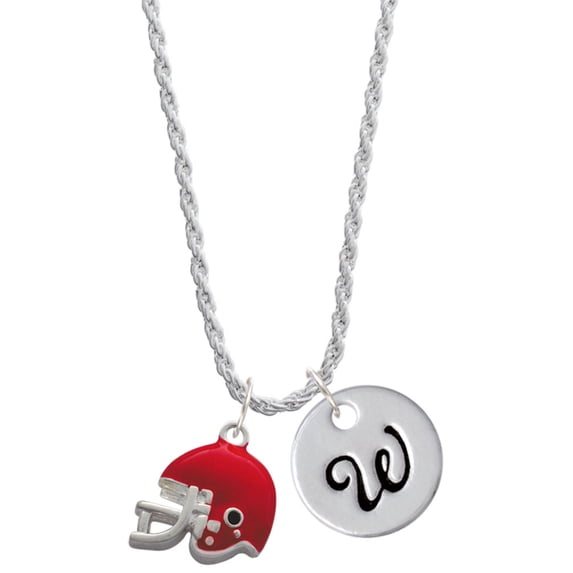 Delight Jewelry Silvertone Small Red Football Helmet Silvertone Script Initial Disc - W - Charm Necklace, 20"+3"