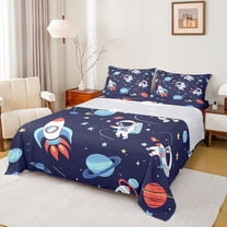 Castle Fairy Kids Boys Girls Cartoon Astronaut Rocket Twin Sheet Sets 3pcs,Galaxy Universe Twin Fitted Sheet Microfiber,Kawaii Cosmos Planet Breathable Flat Sheet,Luxury Bedroom Decor