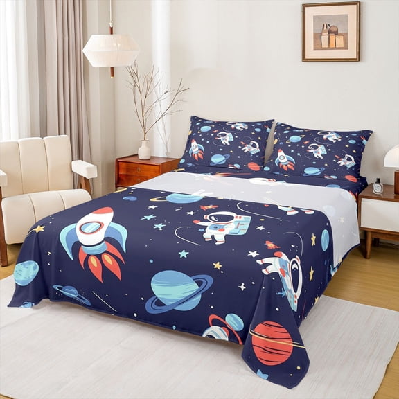Castle Fairy Kids Boys Girls Cartoon Astronaut Rocket Twin Sheet Sets 3pcs,Galaxy Universe Twin Fitted Sheet Microfiber,Kawaii Cosmos Planet Breathable Flat Sheet,Luxury Bedroom Decor