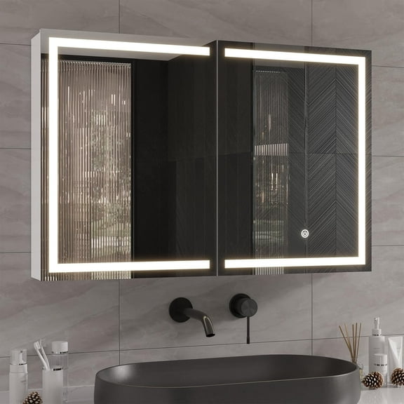 DICTAC Medicine Cabinet with Mirror and LED Light, Wall Mounted Bathroom Mirror with Storage, 2 Doors Bathroom Wall Cabinet, Memory Dimmable 3 Color Temp, Adjustable Shelves, 35.4''x23.6''