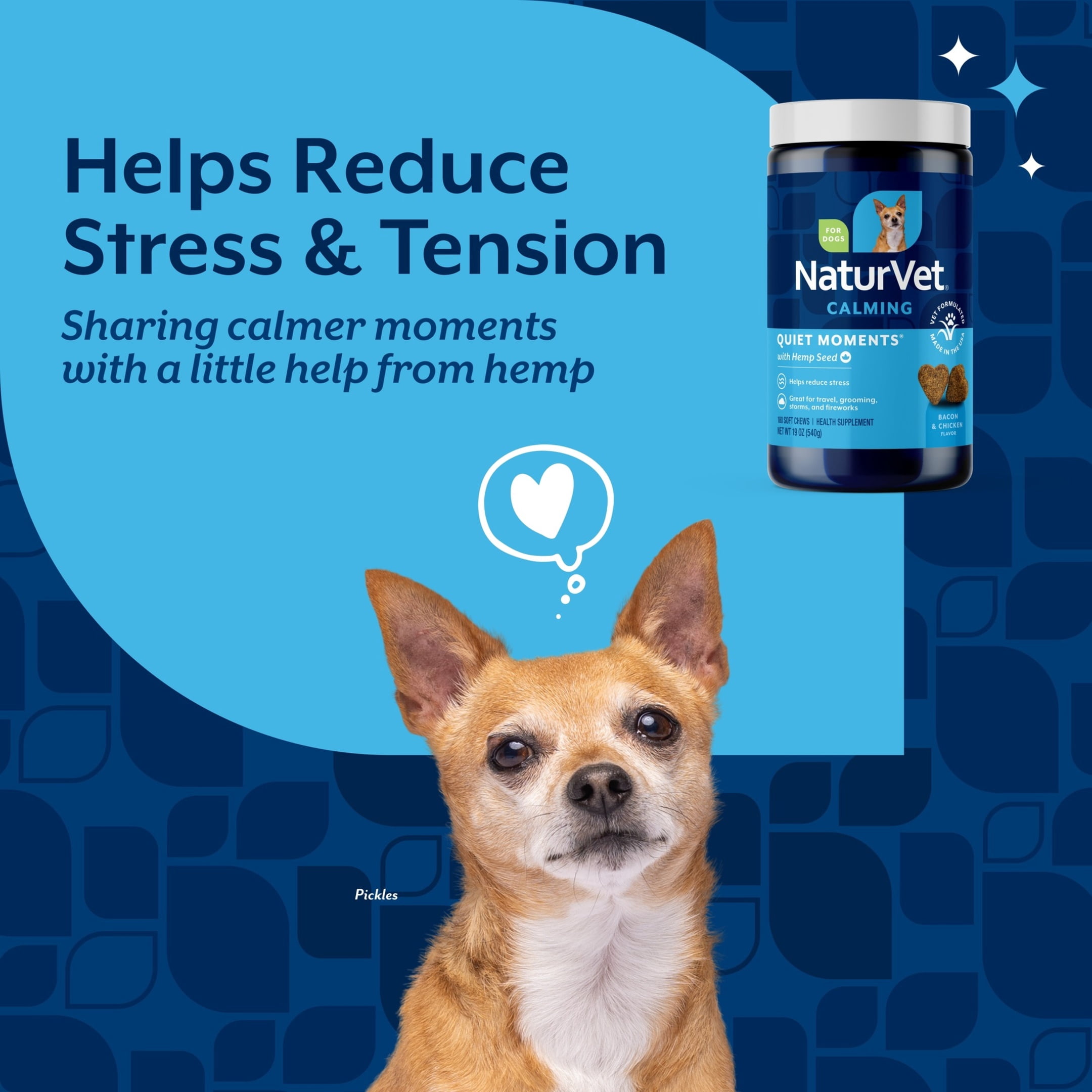 NaturVet Quiet Moments with Hemp Seed Calming Supplements for Dogs, Bacon and Chicken Flavor, 180 Count