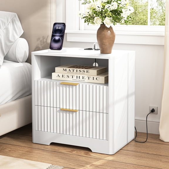Nightstand with 2 Drawers,Smart Nightstand Bedside Tables with Night Light,Modern End Table for Bedroom,Living Room,White