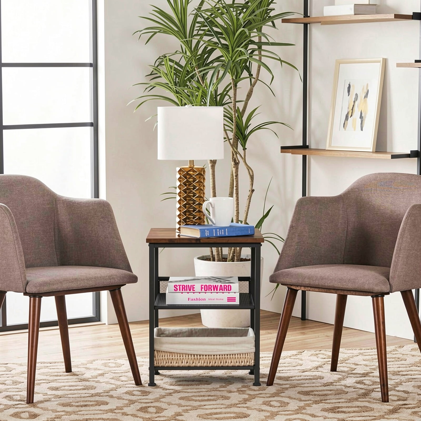 Furnibear 3-Tier Industrial End Table with Adjustable Mesh Shelves, Rustic Brown Wood and Metal Accent Table for Living Room, Bedroom, and Office