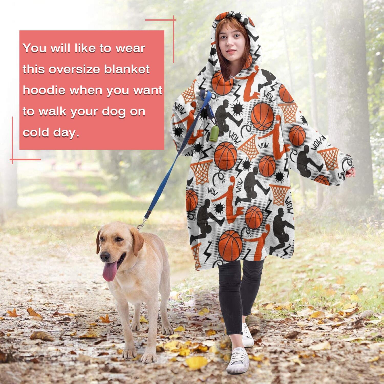 Orange Basketball Players Pattern Wearable Oversized Blanket,Wearable Blanket Hoodie for Adults,Cozy Hooded Blankets with Super Pockets,Super Warm Fuzzy Pullover for Women & Men