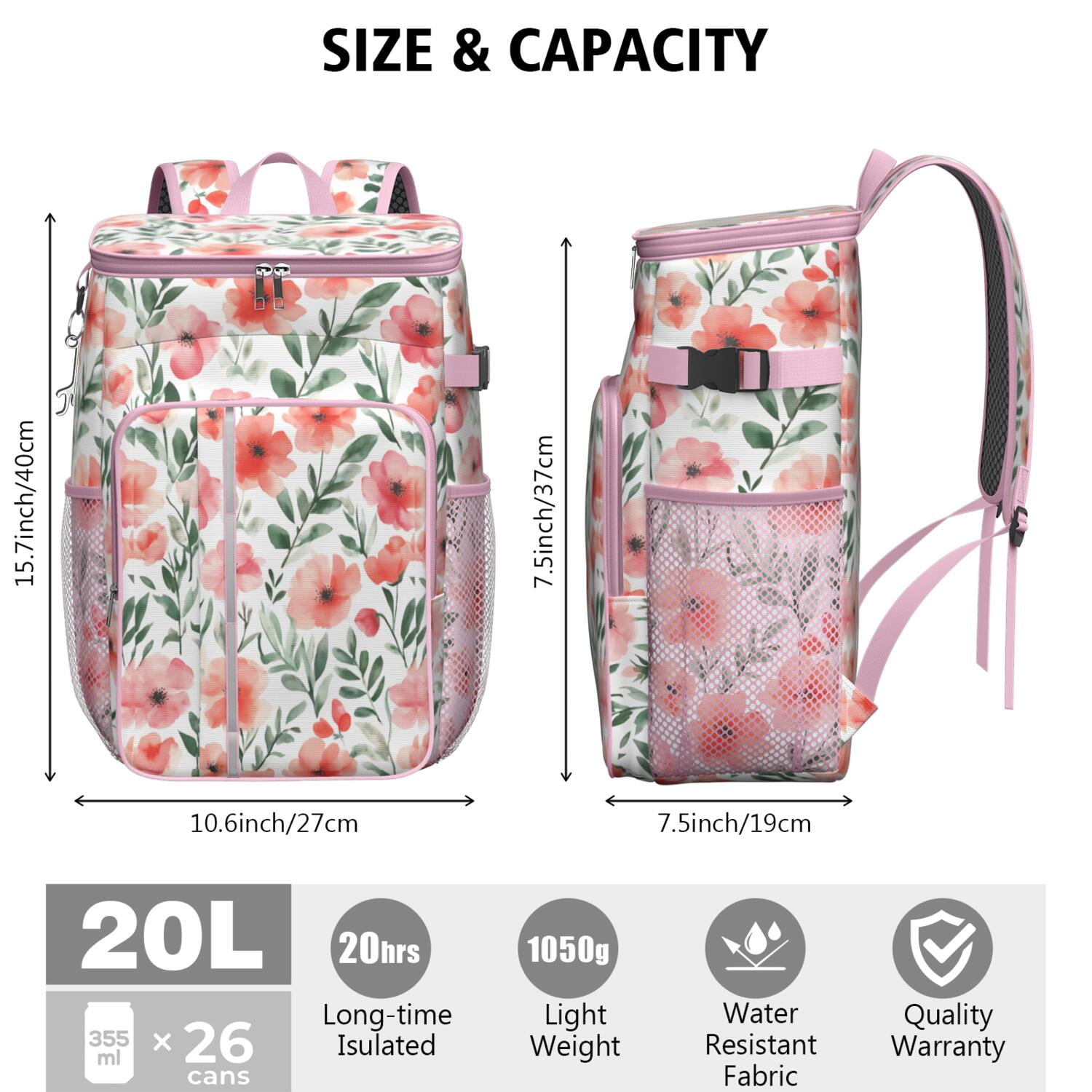 Travel Cooler Bag - Floral Pattern Camping Beer Cooler Backpack with Bottle Opener- Waterproof Insulated Picnic Backpacks - Cooler Bag for Beach