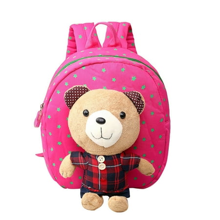 Kids Backpack Anti-lost School Bag with A Leash & Removable Cartoon Bear with Stripe Pattern Light Children Shoulder Bag (Grid Rose Red Bear)