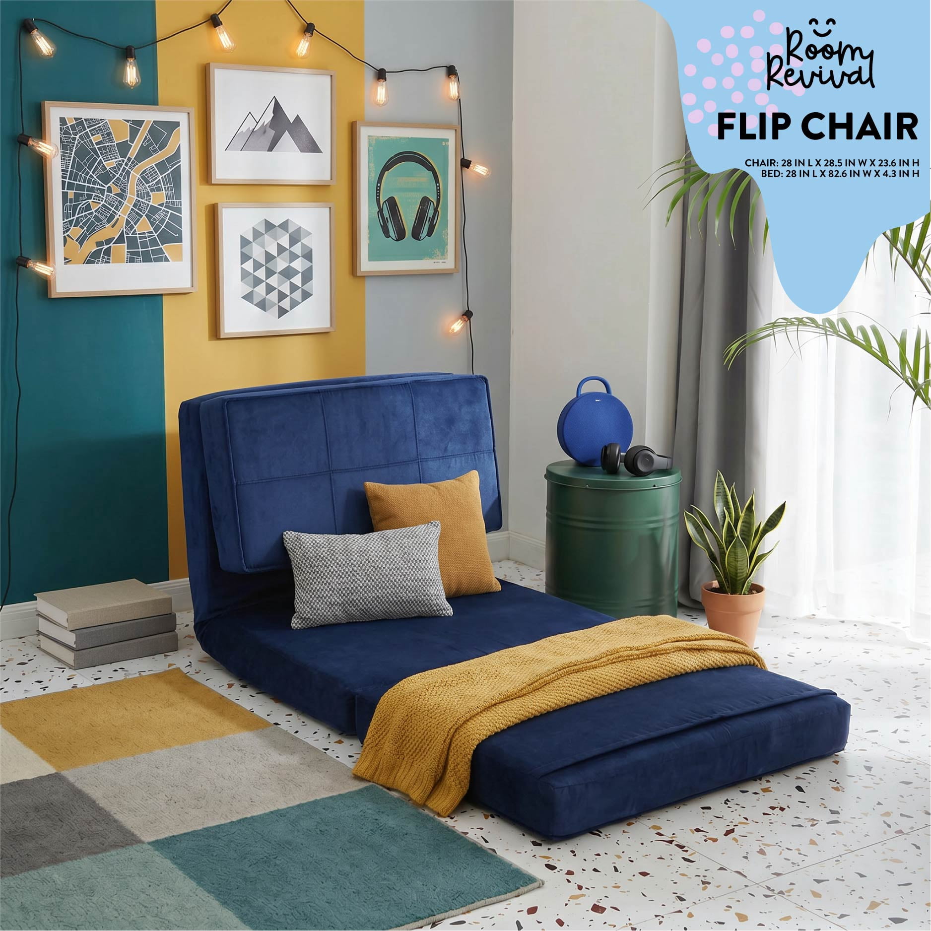 Room Revival Ultra Soft Suede 3-Position Convertible Flip Lounge Chair, Blue