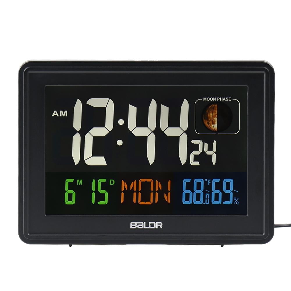 Baldr Atomic Alarm Clock - Digital Clock with Large Display, Calendar, Indoor Temperature, Humidity, Dimmable Backlight