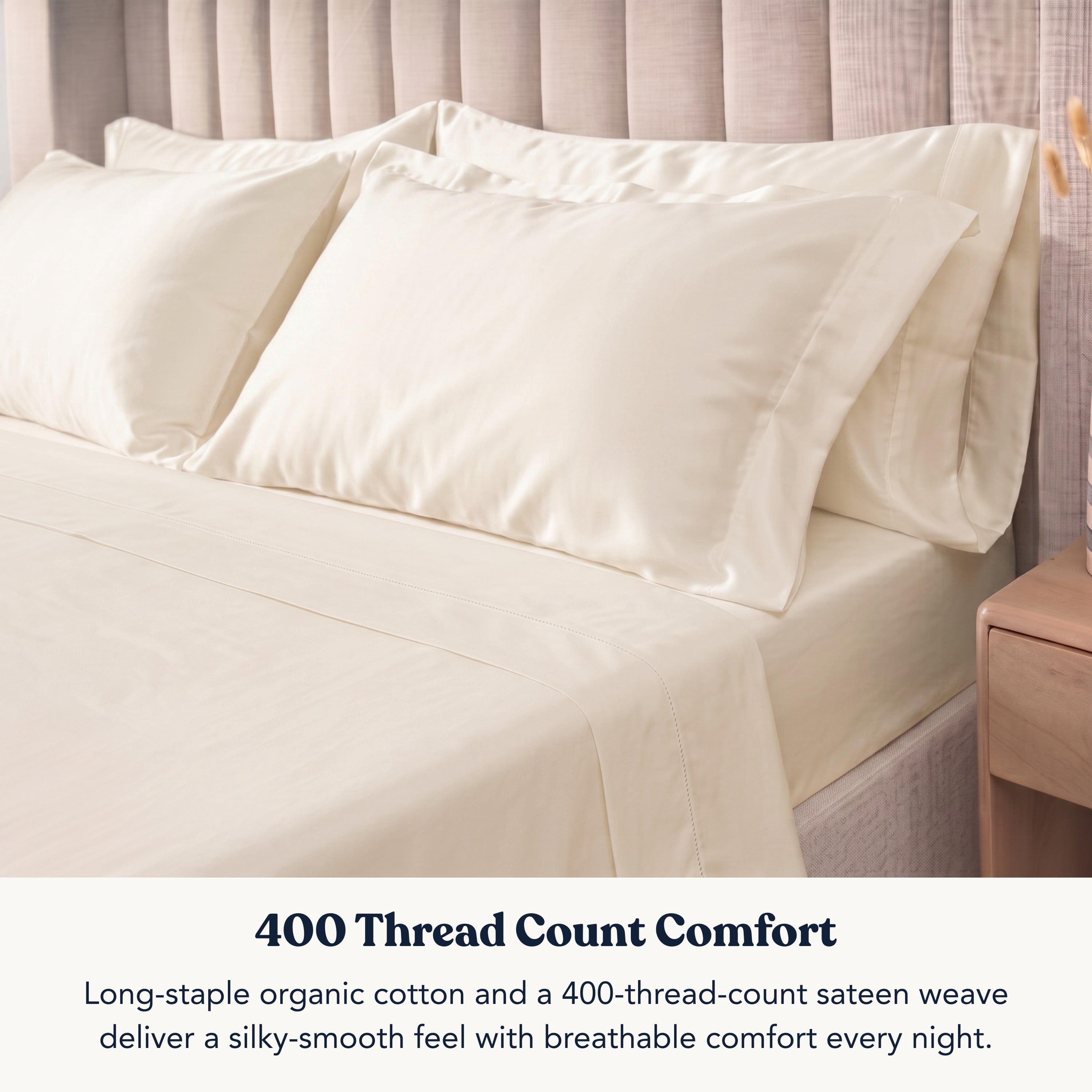 Delara 400TC Organic Cotton King Sheet Set, GOTS Certified, Ultra Soft Long Staple, Deep Pocket, Breathable & Silky, Ivory