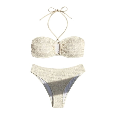 UTSJKR Women Two Piece Bikini Set - Sexy Halter Triangle Bikini Top with High Cut Cheeky Bikini Bottom Swimsuits White M