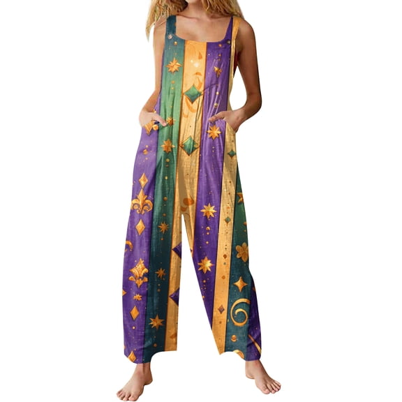 Fgvctg Mardi Gras Womens Overalls Sleeveless Carnival Party Spaghetti Straps Overalls Parade Wide Leg Pant Mask Print Bib Overalls Romper Sprimg Pants With Pockets Gold XL