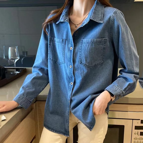 QATAINLAV Women's Long Sleeve Denim Jean Shirts Button Down Lapel Collar Shacket Business Casual Tops with Pockets Blue S