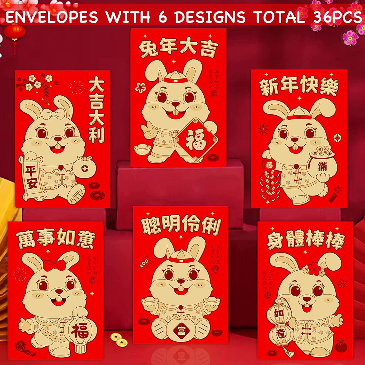 6PCS Chinese Red Envelopes Red Pocket for 2023 - Rabbit Patterned