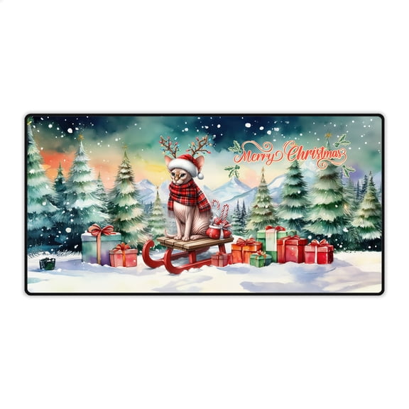 Merry Christmas Santa Reindeer Antlers Sphynx Sleigh Xmas Winter Holiday Desk Mat Full Keyboard Mouse Pad Cat Lover Kitten Owner Gifts Idea Large Mousepad - 00023