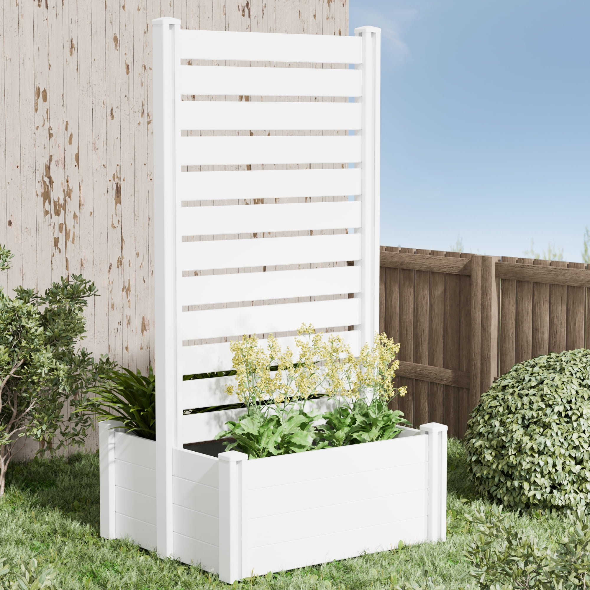 MAYEERTY Outdoor White PVC Rectangular Planter Box with Trellis for Climbing Plants, Raised Garden Bed