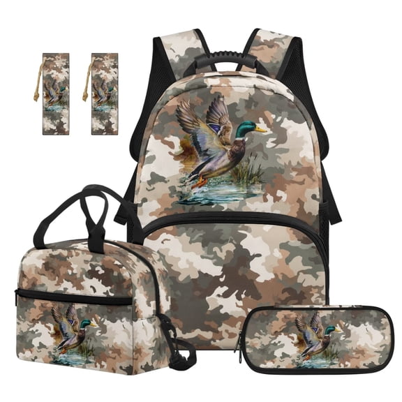 Jeiento 17 Inch Backpack and Lunch Box Set 4 Piece Camo Duck School Backpack with Pencil Case, Bookmarks for Elementary Boys and Girls, Back to School Supplies