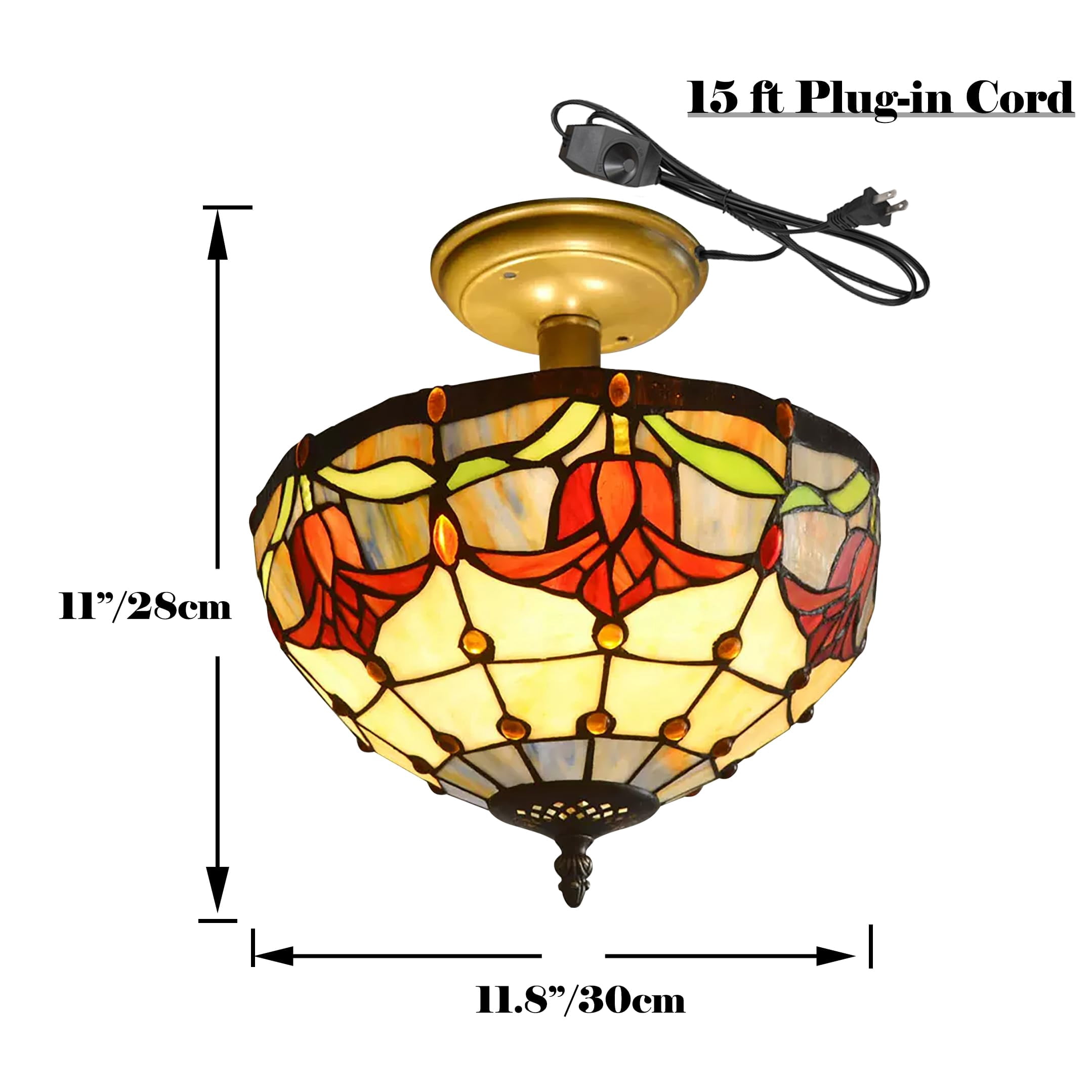 Kiven 11.8in Plug-in Flush Mount Ceiling Light Fixture, 2-Light Anti Glare Close to Ceiling Light with 15FT Cord, Tiffany-Style Glass Chandelier Dimmable for Bedroom Kitchen Hallway(No.3189)